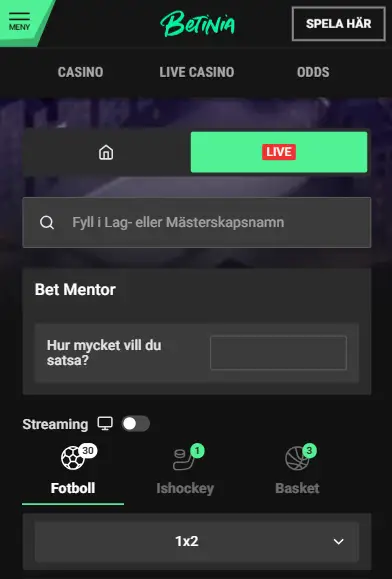 Betinia odds och live odds
