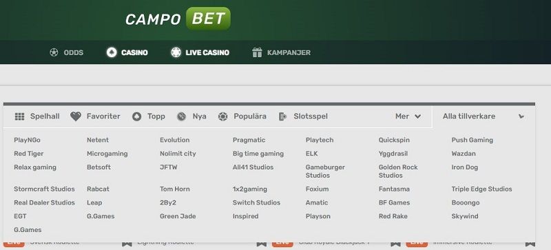 Campobet Casino Spelleverantörer