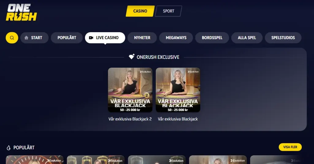 OneRush bonus med Live Casino