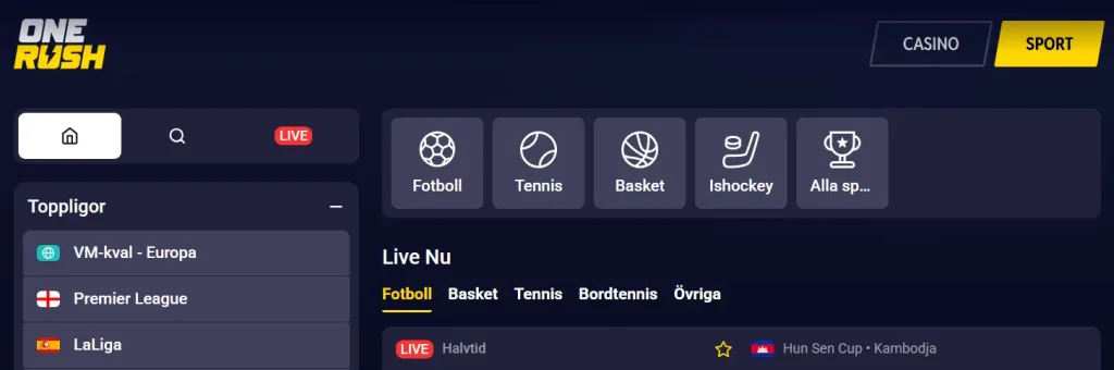OneRush betting och live odds