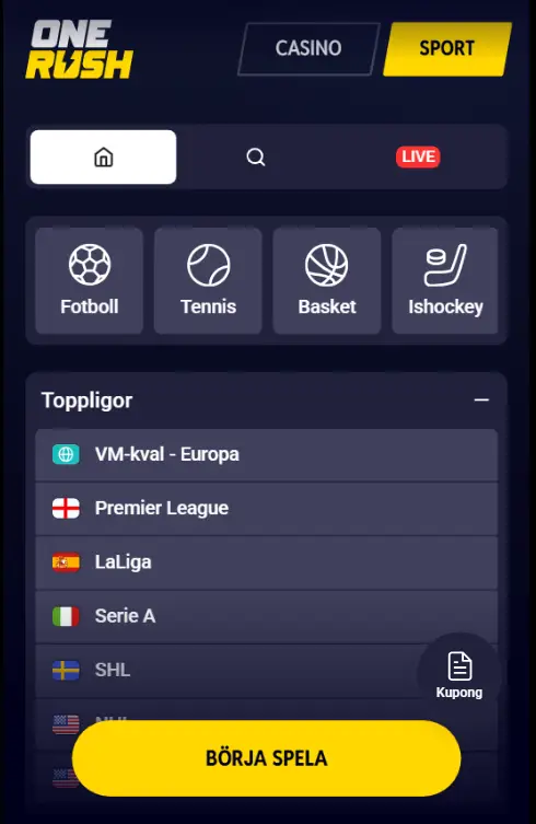 Betting utbud hos OneRush