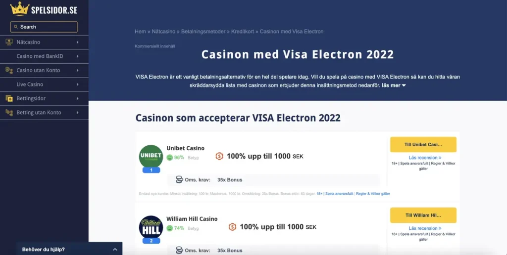 visa electron casinon